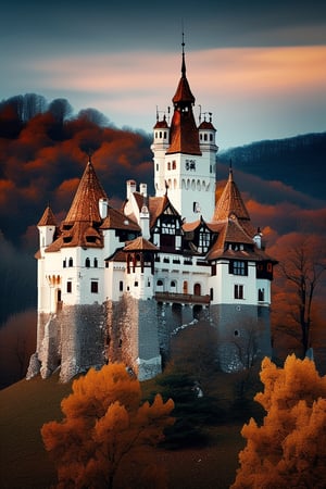 scenery of bran castle in Brasov Country, Romania background, neo-gothic architecture, photography, horror fiction, autumn, night