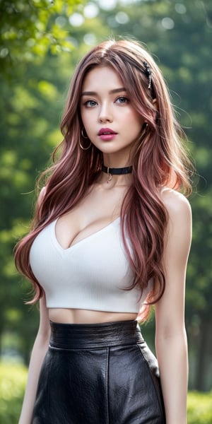 (masterpiece: 1.2, best quality: 1.2, beautiful, high quality, high resolution: 1.1, aesthetic), detailed, extremely detailed, ambient soft lighting, perfect eyes, perfect face, 1girl, long hair with extra long wavy, ((burgundy color hair)) ,hair accessories , normal breasts, earrings, black collar, looking at viewer,, from eye level, slim body ,sexy body, green eyes, waterfall, (white top and black skirt),realhands,wo_fmmika01, ((close to the face)), (half body) , pale skin, high detail and deep cleavage, slim body, (cold color), she has light pink skin, long hair, beautiful eyelashes, beautiful face, ((smokey eyes)), (highly saturated lipstick), (pink lips), (luscious thick lips)