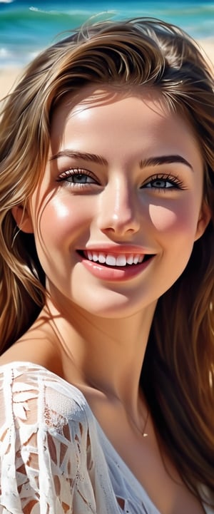 he most perfect woman in entire cration, in the background, Test, highly realistic, ruddy skin, beautiful, full lips, a minuscule amount of clothing, smiling, feeling of lightness and joy, hyperrealism, skin very elaborated, direct gaze,  by alex1shved