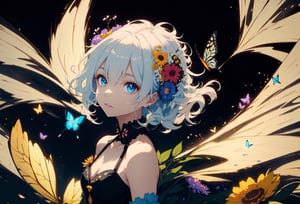 beautiful detailed flower, beautiful detailed eyes,hyper detailed,flower,hyper quality,,eyes,flower and hair is same color,beautifuly color,face,{{{{{her hair is becoming flower, flower,hair,flower,butterfly,}}}}},{{{{1girl}}}}kawaii,,{{{high details, high quality}}},{{{back light}}},{{hair and clothes is flower}},{{{upper body}}} ,high quality,hair with body ,webbed dress, upper body, flower leg, flower hands,body with flower,   {{ flower with clothes}} , dress with flower, , light particles,black background,  {{{{Hair with flower}}}},small breast with flower,big hair with  flower,{{floating hair with flower,floating}}1girl,small breast,  marbling with hair and clothes, looking at viewer,{{original}},{{arm down}}, {{paper cutting}}, black background, flower forground,  {{hair with flower}},{{{{{highres}}}},} hair with  flower,hair with flower ,hair,  wavy hair ,diffusion lighting, abstract,Butterfly with  body,   flower with hair, her hair is flower,big top sleeves, floating,ARYSTYLE3