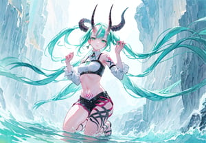 best_quality,highres,extremely_detailed, 1girl,beautiful_face,navel,light_aqua_hair,very_long_hair,full_body, ,obscenity_tattoo,windmage,aqua_tattoo,green_tattoo,waist_tattoo,neck_tattoo, village_succubus,wings,horns,tail, BREAK official_art,watercolor_\(medium\),fantasy, flying,waterfal,canyon,valley,magical_girl,GGAS_Box,,Kafka(character)
