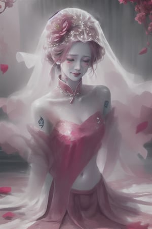  1girl, long hair, solo, veil, flower, closed eyes, dress, smile, wedding dress, hair ornament, petals, dated, ribbon, tears, bouquet, bridal veil, signature, hair flower, red hair, crying, white background, pink hair, upper body,Tombstone, Grave
,(masterpiece, top quality, best quality),horror (theme),
masterpiece,(masterpiece, top quality, best quality, ((no humans)), scenery, red theme, night, Ylvi-Tattoos, horror (theme),Tombstone, Grave, cute girl,Chinese weddingdress,1girl