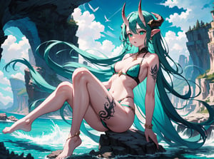 best_quality,highres,extremely_detailed, 1girl,beautiful_face,navel,light_aqua_hair,very_long_hair,full_body, ,obscenity_tattoo,windmage,aqua_tattoo,green_tattoo,waist_tattoo,neck_tattoo, village_succubus,wings,horns,tail, BREAK official_art,watercolor_\(medium\),fantasy, flying,waterfal,canyon,valley,magical_girl,GGAS_Box,,