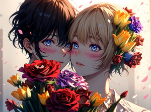 profile, 1girl, 1boy, long hair, looking at another, blue eyes, eye contact, short hair, shirt, collared shirt,Background of Flower Sea,Super clear, Rose jewelry,A man and a woman, Love head, blindfold,fashion_girl,midjourney,Peach blossoms, cherry blossoms, monthly flowers, roses, roses, red roses, carnations, beige carnations, tulips, yellow tulips