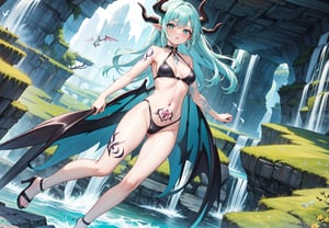 best_quality,highres,extremely_detailed, 1girl,beautiful_face,navel,light_aqua_hair,very_long_hair,full_body, ,obscenity_tattoo,windmage,aqua_tattoo,green_tattoo,waist_tattoo,neck_tattoo, village_succubus,wings,horns,tail, BREAK official_art,watercolor_\(medium\),fantasy, flying,waterfal,canyon,valley,magical_girl,GGAS_Box,,