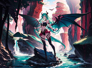 best_quality,highres,extremely_detailed, 1girl,beautiful_face,navel,light_aqua_hair,very_long_hair,full_body, ,obscenity_tattoo,windmage,aqua_tattoo,green_tattoo,waist_tattoo,neck_tattoo, village_succubus,wings,horns,tail, BREAK official_art,watercolor_\(medium\),fantasy, flying,waterfal,canyon,valley,magical_girl,