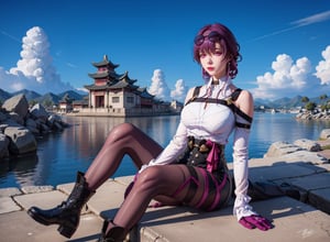 kafuka, 1girl, solo, gloves, pantyhose, purple hair, sunglasses, eyewear on head, large breasts, white shirt, black short, black footwear, boots, bangs, long sleeves, purple eyes, jacket,,fancy,sitting, masterpiece,Ancient Chinese beauty sitting on stone,wearing ancient Chinese clothing,flowing tulle,light silk,lazy pose,large lotus leaves,lotus flowers,ink painting style,clean colors,decisive cutting,white space,freehand,masterpiece,super detailed,epic composition,high quality,highest,quality,2.5D,1girl,Imminentpenetration,ingliu,official,lowres, bad anatomy, bad hands, text, error, missing fingers, extra digit, fewer digits, cropped, worst quality, low quality, normal quality, jpeg artifacts, signature, watermark, username, blurry, artist name,purple eyes,SHIRT