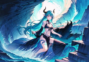 best_quality,highres,extremely_detailed, 1girl,beautiful_face,navel,light_aqua_hair,very_long_hair,full_body, ,obscenity_tattoo,windmage,aqua_tattoo,green_tattoo,waist_tattoo,neck_tattoo, village_succubus,wings,horns,tail, BREAK official_art,watercolor_\(medium\),fantasy, flying,waterfal,canyon,valley,magical_girl,GGAS_Box,,black nightgown,Circle