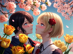 profile, 1girl, 1boy, long hair, looking at another, blue eyes, eye contact, short hair, shirt, collared shirt,Background of Flower Sea,Super clear, Rose jewelry,A man and a woman, Love head, blindfold,fashion_girl,midjourney,Peach blossoms, cherry blossoms, monthly flowers, roses, roses, red roses, carnations, beige carnations, tulips, yellow tulips