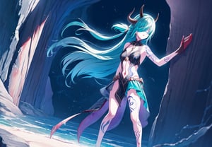 best_quality,highres,extremely_detailed, 1girl,beautiful_face,navel,light_aqua_hair,very_long_hair,full_body, ,obscenity_tattoo,windmage,aqua_tattoo,green_tattoo,waist_tattoo,neck_tattoo, village_succubus,wings,horns,tail, BREAK official_art,watercolor_\(medium\),fantasy, flying,waterfal,canyon,valley,magical_girl,GGAS_Box,,black nightgown,Circle, blindfold