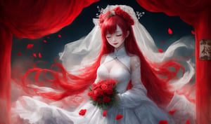 1girl1girl, long hair, solo, veil, flower, closed eyes, dress, smile, wedding dress, hair ornament, petals, dated, ribbon, tears, bouquet, bridal veil, signature, hair flower, red hair, crying, white background, pink hair, upper body, masterpiece, top quality, horror, theme, masterpiece, masterpiece, top quality, no humans, scenery, red theme, night, Ylvi-Tattoos, horror, theme, Tombstone, Grave, cute girl, Paper man, Paper dowry, Dowry, Bride of Horrors, Oni Shin Musume, Paper sedan chair, Sedan chair, horror, Demon Bride, The wedding dress is new, Bride's robe, Red wedding dress, Oni Shin Musume, Underworld wedding, The yin is strong, Ghost Love, It's not pure, The dead in vain, The heart is restless, Lonely and cold in the month before the grave, The cemetery is grass-colored and tear-stained, The dusty past is like smoke, There was no end to the sigh of sorrow, White wedding dress, text, extra digit, signature, watermark, username, chinese_style_architecture, floating, Horror, Retro, Lithe, Longand lean, masterpiece, Highly detailed, ultra-fine painting, Curvy, cropped, jpeg artifacts, best quality, best quality, best quality, horror (theme), qzcnhorror