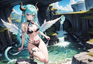 best_quality,highres,extremely_detailed, 1girl,beautiful_face,navel,light_aqua_hair,very_long_hair,full_body, ,obscenity_tattoo,windmage,aqua_tattoo,green_tattoo,waist_tattoo,neck_tattoo, village_succubus,wings,horns,tail, BREAK official_art,watercolor_\(medium\),fantasy, flying,waterfal,canyon,valley,magical_girl,GGAS_Box,,