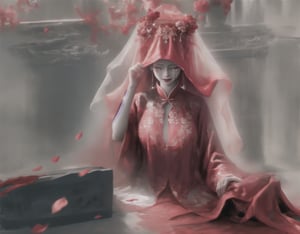  1girl, long hair, solo, veil, flower, closed eyes, dress, smile, wedding dress, hair ornament, petals, dated, ribbon, tears, bouquet, bridal veil, signature, hair flower, red hair, crying, white background, pink hair, upper body,Tombstone, Grave
,(masterpiece, top quality, best quality),horror (theme),
masterpiece,(masterpiece, top quality, best quality, ((no humans)), scenery, red theme, night, Ylvi-Tattoos, horror (theme),Tombstone, Grave, cute girl,Chinese weddingdress,1girl