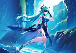 best_quality,highres,extremely_detailed, 1girl,beautiful_face,navel,light_aqua_hair,very_long_hair,full_body, ,obscenity_tattoo,windmage,aqua_tattoo,green_tattoo,waist_tattoo,neck_tattoo, village_succubus,wings,horns,tail, BREAK official_art,watercolor_\(medium\),fantasy, flying,waterfal,canyon,valley,magical_girl,GGAS_Box,,black nightgown,Circle, blindfold