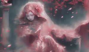  1girl, long hair, solo, veil, flower, closed eyes, dress, smile, wedding dress, hair ornament, petals, dated, ribbon, tears, bouquet, bridal veil, signature, hair flower, red hair, crying, white background, pink hair, upper body,Tombstone, Grave
,(masterpiece, top quality, best quality),horror (theme),
masterpiece,(masterpiece, top quality, best quality, ((no humans)), scenery, red theme, night, Ylvi-Tattoos, horror (theme),Tombstone, Grave, cute girl,Chinese weddingdress,1girl