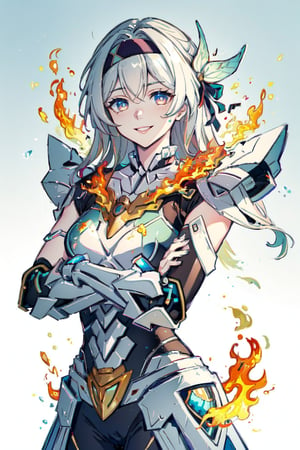 ((masterpiece,best quality)), 2persons, gradient background, fire, crossover ADDCOMM1other sam, mecha, armor, crossed arms ADDROW1girl, fireflyhsr, hairband, smile