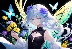 beautiful detailed flower, beautiful detailed eyes,hyper detailed,flower,hyper quality,,eyes,flower and hair is same color,beautifuly color,face,{{{{{her hair is becoming flower, flower,hair,flower,butterfly,}}}}},{{{{1girl}}}}kawaii,,{{{high details, high quality}}},{{{back light}}},{{hair and clothes is flower}},{{{upper body}}} ,high quality,hair with body ,webbed dress, upper body, flower leg, flower hands,body with flower,   {{ flower with clothes}} , dress with flower, , light particles,black background,  {{{{Hair with flower}}}},small breast with flower,big hair with  flower,{{floating hair with flower,floating}}1girl,small breast,  marbling with hair and clothes, looking at viewer,{{original}},{{arm down}}, {{paper cutting}}, black background, flower forground,  {{hair with flower}},{{{{{highres}}}},} hair with  flower,hair with flower ,hair,  wavy hair ,diffusion lighting, abstract,Butterfly with  body,   flower with hair, her hair is flower,big top sleeves, floating