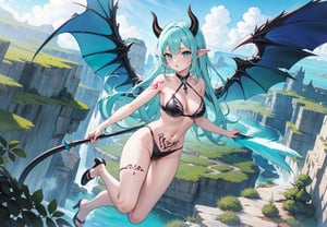 best_quality,highres,extremely_detailed, 1girl,beautiful_face,navel,light_aqua_hair,very_long_hair,full_body, ,obscenity_tattoo,windmage,aqua_tattoo,green_tattoo,waist_tattoo,neck_tattoo, village_succubus,wings,horns,tail, BREAK official_art,watercolor_\(medium\),fantasy, flying,waterfal,canyon,valley,magical_girl,GGAS_Box,,