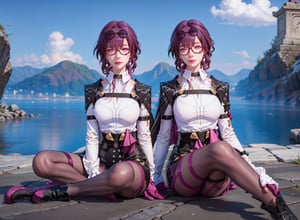 kafuka, 1girl, solo, gloves, pantyhose, purple hair, sunglasses, eyewear on head, large breasts, white shirt, black short, black footwear, boots, bangs, long sleeves, purple eyes, jacket,,fancy,sitting, masterpiece,Ancient Chinese beauty sitting on stone,wearing ancient Chinese clothing,flowing tulle,light silk,lazy pose,large lotus leaves,lotus flowers,ink painting style,clean colors,decisive cutting,white space,freehand,masterpiece,super detailed,epic composition,high quality,highest,quality,2.5D,1girl,Imminentpenetration,ingliu,official,lowres, bad anatomy, bad hands, text, error, missing fingers, extra digit, fewer digits, cropped, worst quality, low quality, normal quality, jpeg artifacts, signature, watermark, username, blurry, artist name,purple eyes,SHIRT