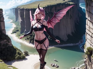 best_quality,highres,extremely_detailed, 1girl,beautiful_face,navel,light_aqua_hair,very_long_hair,full_body, ,obscenity_tattoo,windmage,aqua_tattoo,green_tattoo,waist_tattoo,neck_tattoo, village_succubus,wings,horns,tail, BREAK official_art,watercolor_\(medium\),fantasy, flying,waterfal,canyon,valley,magical_girl,