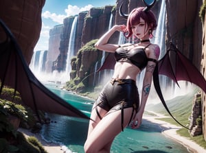 best_quality,highres,extremely_detailed, 1girl,beautiful_face,navel,light_aqua_hair,very_long_hair,full_body, ,obscenity_tattoo,windmage,aqua_tattoo,green_tattoo,waist_tattoo,neck_tattoo, village_succubus,wings,horns,tail, BREAK official_art,watercolor_\(medium\),fantasy, flying,waterfal,canyon,valley,magical_girl,