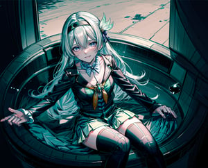 monochrome,grayscale,watercolor,masterpiece:2,((best quality)),highres,((looking_at_viewer)),1girl,solo,from above,
a gril sitting in a pool of lotus,leaves,perspective,depth of fields,sitting,water,
grey hair,long hair,hair ornament,black hairband,blue eyes,long sleeves,green skirt,green thighhighs,smile,