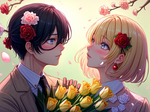 profile, 1girl, 1boy, long hair, looking at another, blue eyes, eye contact, short hair, shirt, collared shirt,Background of Flower Sea,Super clear, Rose jewelry,A man and a woman, Love head, blindfold,fashion_girl,midjourney,Peach blossoms, cherry blossoms, monthly flowers, roses, roses, red roses, carnations, beige carnations, tulips, yellow tulips