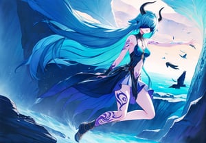 best_quality,highres,extremely_detailed, 1girl,beautiful_face,navel,light_aqua_hair,very_long_hair,full_body, ,obscenity_tattoo,windmage,aqua_tattoo,green_tattoo,waist_tattoo,neck_tattoo, village_succubus,wings,horns,tail, BREAK official_art,watercolor_\(medium\),fantasy, flying,waterfal,canyon,valley,magical_girl,GGAS_Box,,black nightgown,Circle, blindfold