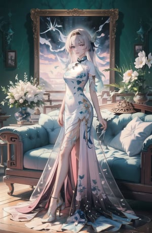 captivated oil painting art of young Chinese woman, She is unwinding on large antique couch, fashion posing, She is dressed in pale lilac dress and gorgeous skirts and high heels, She wears a trendy makeup, she has colorful dyed hairstyle, bright lit room with antique decorated, natural lighting, ethereal and aesthetic atmosphere, bichu,oil painting,ImpressionismResplendentLight baihuaniang,flower ,china dress,ARI1,backlight,firefly \(honkai: star rail\),Firefly,Fashion cheongsam,dress floral print,anime
