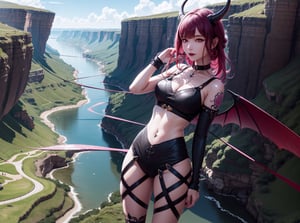 best_quality,highres,extremely_detailed, 1girl,beautiful_face,navel,light_aqua_hair,very_long_hair,full_body, ,obscenity_tattoo,windmage,aqua_tattoo,green_tattoo,waist_tattoo,neck_tattoo, village_succubus,wings,horns,tail, BREAK official_art,watercolor_\(medium\),fantasy, flying,waterfal,canyon,valley,magical_girl,