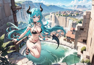 best_quality,highres,extremely_detailed, 1girl,beautiful_face,navel,light_aqua_hair,very_long_hair,full_body, ,obscenity_tattoo,windmage,aqua_tattoo,green_tattoo,waist_tattoo,neck_tattoo, village_succubus,wings,horns,tail, BREAK official_art,watercolor_\(medium\),fantasy, flying,waterfal,canyon,valley,magical_girl,GGAS_Box,,steam censorship