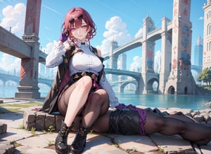 kafuka, 1girl, solo, gloves, pantyhose, purple hair, sunglasses, eyewear on head, large breasts, white shirt, black short, black footwear, boots, bangs, long sleeves, purple eyes, jacket,,fancy,sitting, masterpiece,Ancient Chinese beauty sitting on stone,wearing ancient Chinese clothing,flowing tulle,light silk,lazy pose,large lotus leaves,lotus flowers,ink painting style,clean colors,decisive cutting,white space,freehand,masterpiece,super detailed,epic composition,high quality,highest,quality,2.5D,1girl,Imminentpenetration,ingliu,official,lowres, bad anatomy, bad hands, text, error, missing fingers, extra digit, fewer digits, cropped, worst quality, low quality, normal quality, jpeg artifacts, signature, watermark, username, blurry, artist name,purple eyes,SHIRT