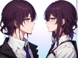 profile, 1girl, 1boy, long hair, looking at another, blue eyes, eye contact, short hair, shirt, collared shirt