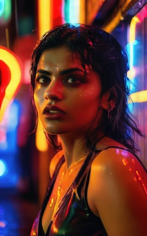 shot of a fiery-eyed Indian woman, her dark hair whipping around her face as she scowls at the camera. Midriff exposed ,  ((hand pointing to viewers)), Framed by a dimly lit alleyway's neon signs and rain-soaked pavement, the gritty atmosphere heightens the tension in her gaze. Her beauty is tempered by anger, her full lips pursed in a snarl as she confronts the unknown. Cinematic photography captures every nuance of her expression, inviting the viewer to step into her world.