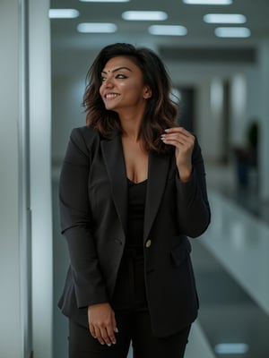 A beautiful 30-year-old Mallu (Malayali) woman with a dusky complexion, dressed in modern, high-fashion attire from the year 2100, standing in a sleek futuristic environment. She has elegant facial features with a warm smile, captured in a cinematic shot with a soft, dynamic lighting. Shot on IMAX camera, high-definition detail, realistic textures, and ultra-clear focus.,Mallu woman,Mallu woman