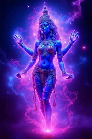 Realistic photography, A cosmic depiction of Goddess Lakshmi, her body glowing with neon light and ultraviolet hues. Energy radiates from her divine form, showing a mix of rage and power. Surrounded by cosmic nebulae, her figure is illuminated in vibrant blues, purples, and pinks. She stands as a sensual, seductive Kamasutra goddess, her glowing, ethereal presence exuding divine sensuality and cosmic energy.,Cosmic 