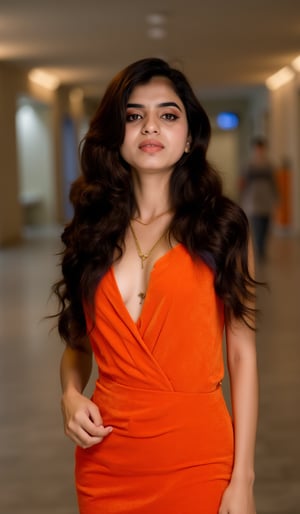 "A highly realistic portrait of a young woman standing confidently in a modern, well-lit corridor. She has long, dark hair flowing over her shoulders, styled in soft waves. She is wearing a bold, form-fitting, shimmering orange dress with a deep V-neckline. Her expression is warm and inviting, with dark eye makeup enhancing her eyes. She wears a nose ring and a delicate gold necklace. The background features a blurred walkway with soft lighting, creating a contemporary and fashionable atmosphere, while the woman remains the clear focal point of the image."

For real-person details:

Hair: Long, wavy, and dark.
Outfit: Orange, shimmering, form-fitting dress with a deep V-neck.
Accessories: Nose ring and a gold necklace.
Pose/Expression: Confident and approachable, standing in a modern setting.