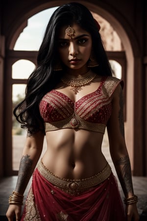 1girl, accessories, piercing , lip piercing , misterious, masterpiece, best quality, dynamic angle, cinematic composition, lehenga,  tattoo 