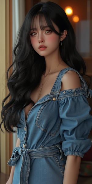 pretty 1girl, long straight black hair, wearing denim cover all fashion, super high quality, real images, lifelike, real skin, soft lighting, Cinematic, (Surrealism: 1.2), (8K UHD: 1.2), (Photorealism: 1.2), Shot with medium format camera, Professional camera, Perfectly Delicate and Rich in Detail, (masterpiece, top quality, best quality, official art, beautiful and aesthetic:1.2), (((1girl))), dynamic pose, extreme detailed,Big bearsts,Curvy plump women:1,  

 (RAW photo, best quality), (realistic, photo-Realistic:1.1), best quality, masterpiece, beautiful and aesthetic, 16K, (HDR:1.2), high contrast, (vibrant color:1.3), (muted colors, dim colors, soothing tones:0), cinematic lighting, ambient lighting, sidelighting, Exquisite details and textures, cinematic shot, Warm tone, (Bright and intense:1.1), wide shot, by xm887, ultra realistic illustration, siena natural ratio,	head to thigh portrait,	long Wave hair,Curvy plump women 