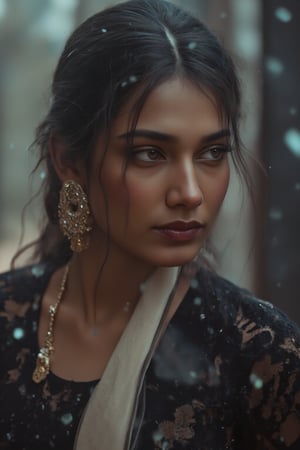 A close-up shot of a Indian woman in a black and white saree, adorned with gold earrings and a gold necklace. The woman's hair is pulled back in a ponytail, adding a touch of color to her face. The background is blurred, creating a stark contrast to the woman's outfit. The saree she is wearing is cream in color, with a black pattern on it. She is wearing a cream scarf around her waist, adding texture to her outfit.,Fantasy cosplay,Tran A dramatic shot, smoky backdrop, a stunning cybernetic girl, metallic confines. She gazes intensely through enhanced, hair soft glow and refracted holographic,