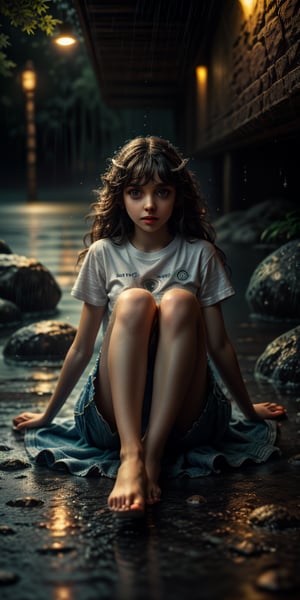 cute large-eyed girl, 
a white T-shirt, a short jean skirt, sitting, 
embrace one's knees, abstract  magical rain, universe , stars, 
masterpiece, best Quality, Tyndall effect, good composition, highly details, warm soft light, three-dimensional lighting, volume lighting, Film lighting, cinematic lighting
,