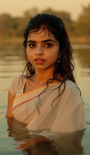 A highly realistic scene of a young woman partially submerged in calm water during sunset. Her skin has natural, human-like textures with soft lighting reflecting off her wet face. She is wearing a traditional white sari with subtle golden accents, drenched in the water. Her hair is loosely tied, with wet strands falling naturally around her face. Her expression is soft and serene, and she wears a small red bindi on her forehead with sindoor in her hair parting. The background shows the realistic reflections of trees and a warm sky, creating a peaceful, lifelike atmosphere real-like features."