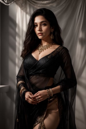 A stunning young woman with long, dark hair, gazes directly at the viewer with piercing black eyes. She wears a elegant dress adorned with intricate jewelry, including earrings that catch the light, a necklace that sparkles like diamonds, and a bracelet that wraps around her wrist, showcasing traditional ornaments in black gold and diamond settings. Her body is covered in an array of ornaments, adding to her regal and mysterious aura as she stands proudly, her beauty on full display.