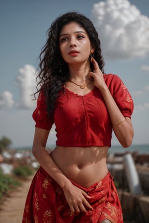 Create a realistic beautiful picture of ((Mallu girl)), cinematic colour grading, 16k, shot on Sony red cemara, traditional ornaments:1.5, gold necklace, earrings, gold ornaments on her hip, Indian, 1girl, solo, long hair, breasts, shirt, black hair, thighhighs, navel, cowboy shot, sky, midriff, cloud,, arm up, lips, crop top, cloudy sky, fire, lace trim, lace, realistic, lace-trimmed legwear, photorealistic,aodai cyber