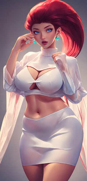 ((masterpiece, best quality)), jessie, pokemon,white top with red letter R, white skirt, pikachu background,sexy,curvy body,detailed face,perfect eyes,detailed hands,hands up,light background,mix of fantasy and realistic elements,vibrant manga,uhd picture , crystal translucency, vibrant artwork,jessie\(pokemon\),sreeleela