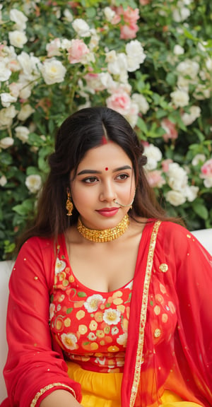 a beautiful Indian woman, dressed in a traditional red and gold saree, adorned with a gold headband. Her hair is styled in a sleek bob, adding a touch of beauty to her outfit. She is seated in front of a backdrop of white and pink flowers, her hair cascades down to her shoulders. The saree is adorned in a vibrant red and yellow pattern, with a matching gold embroidery in the center of her chest. Her bangs are adorned with silver rings, adding contrast to her attire. The backdrop is a mix of green foliage and white flowers, creating a vibrant contrast to the woman's outfit. 