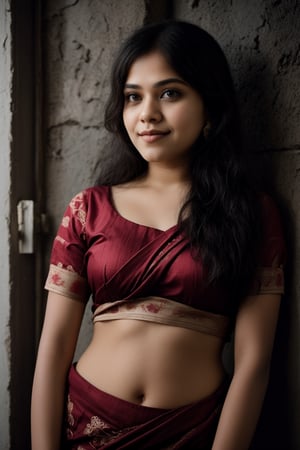 A beautiful Indian woman wearing a traditional saree, draped in a style that reveals her midriff and navel. The saree is richly colored and adorned with intricate patterns and embroidery, with a matching blouse (choli) that has short sleeves and a deep neckline. The pallu of the saree is gracefully draped over her shoulder, falling softly to one side, while her navel is tastefully visible where the saree is wrapped around her waist. She is adorned with traditional jewelry, including a maang tikka, jhumka earrings, a nose ring, bangles, and anklets. Her skin has a warm tone, and her long, dark hair is styled either in a loose braid or cascading waves. The setting is softly lit, focusing on her elegant pose and the cultural richness of her attire, with warm, natural lighting that enhances the details of the fabric and her jewelry.

cinematic angle, (cinematic shadows, bokeh, depth of field:1.3) , (High detail RAW Photo), (extremely detailed skin, photorealistic, heavy shadow, dramatic and cinematic lighting, key light, fill light), sharp focus, cinematic, imperfect skin, fabrics, textures, detailed face, detailed skin, detailed fingers, NaturalHand2-3500, analog film photo Deep photo,depth of field,ferrania p30 film,shadows, perfect face and body, dimly lit, nervous, harsh camera flash, faded film, desaturated, 35mm photo, grainy, Kodachrome, Lomography, stained, highly detailed, found footage,, (black hair,
A flapper girl stands poised in a smokey atmosphere, bathed in ethereal light that accentuates her stunning features. Her fair skin glows under cinematic lighting, as she gazes directly into the camera with perfect eyes and a beautiful nose. Her Drill Spring-inspired hairstyle is perfectly coiffed, framing her face, background intricate details and complex patterns that seem to leap off the screen in hyper-maximalist fashion.  with detailed decoration and lines that exude opulence. In stunning HDR and UHD, this unreal engine creation pops with gorgeous light and shadow., matrix 