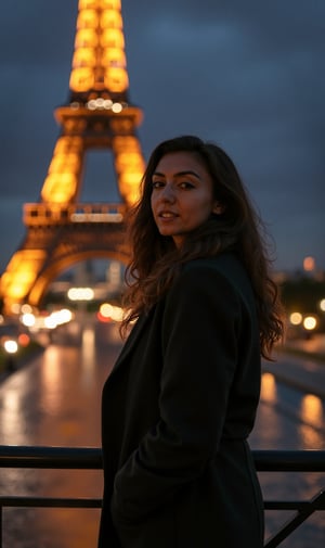 1girl, beautiful, paris, eiffel, night, masterpiece, best quality, high resolution, 8k, sharp focus, cinematography, cinematic lighting, movie scene, muted colors, professional, depth of field, photorealistic, magnificent, maximum details, (RAW, dslr, hdr, highest quality), smooth, roughness, hyper realistic, film grain, bokeh, epic, dramatic, wearing long coat, cinematic long shot, wide shot, full body shot, her long, looking at camera, smile, stand pose,Mallu woman