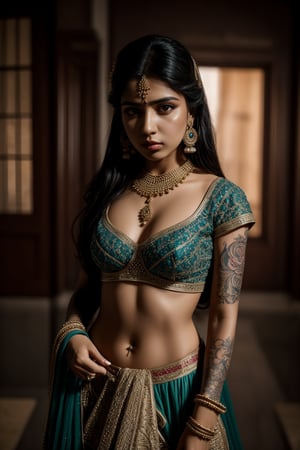 1girl, accessories, piercing , lip piercing , misterious, masterpiece, best quality, dynamic angle, cinematic composition, lehenga,  tattoo 