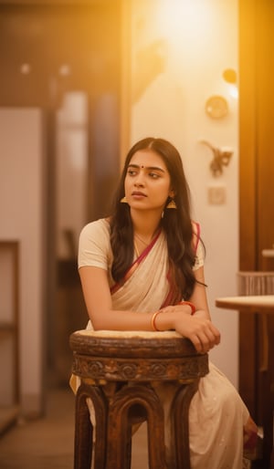 A serene portrait of Kalayani Priyadarshan: A warm golden light illuminates her gentle face, framed by a soft focus blurred background. She sits comfortably on a intricately carved wooden stool, her hands folded in her lap. Her eyes, like pools of calm water, gaze softly into the distance, radiating kindness and wisdom.,ആതിര 